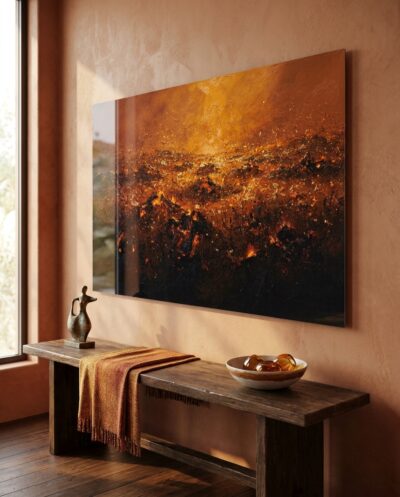 Embers of gold surface through a terracotta field, breathing warm light up from the dark like coals resting under ash.