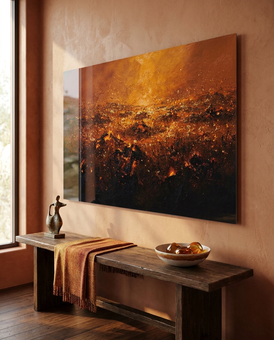 Embers of gold surface through a terracotta field, breathing warm light up from the dark like coals resting under ash.