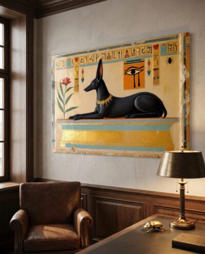 A watchful black jackal reclines upon a gilded shrine, guardian of the sacred passage, framed by hieroglyphs and the Eye of Horus.