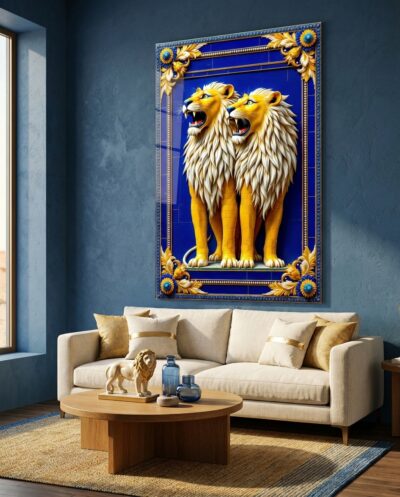 Two golden lions stride in mirrored profile across a glowing cobalt field of glazed brick, jaws parted in a ceremonial roar.