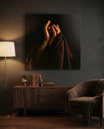 Two hands rise toward the light near a shrouded figure, a wordless gesture of tenderness and quiet hope in warm earthen shadow.