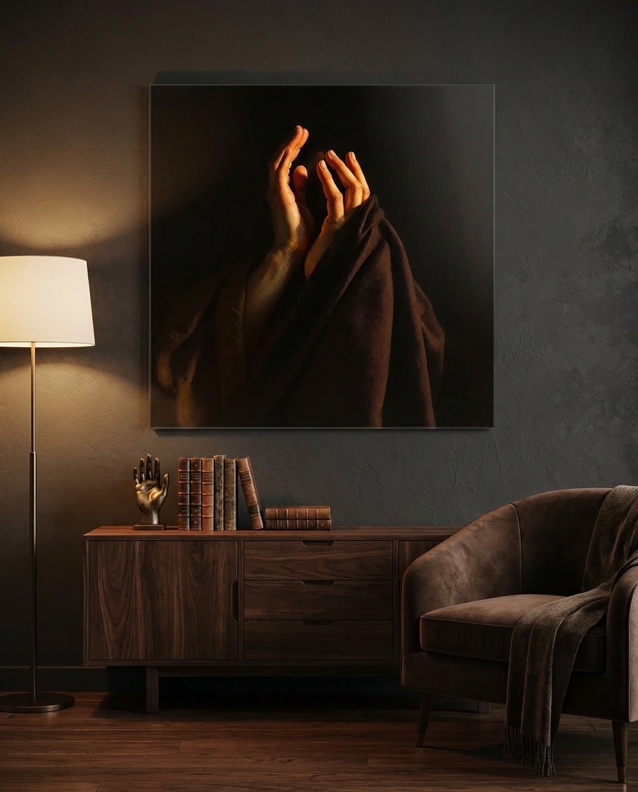 Two hands rise toward the light near a shrouded figure, a wordless gesture of tenderness and quiet hope in warm earthen shadow.