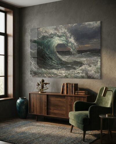 A towering wave arcs and curls, its thin crest glowing translucent green against a bruised, storm-darkened sky.
