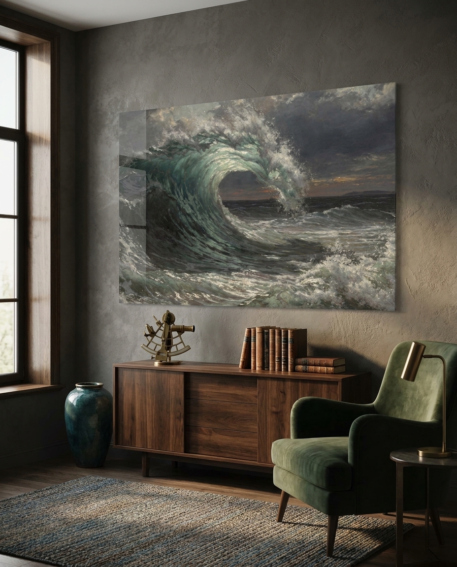 A towering wave arcs and curls, its thin crest glowing translucent green against a bruised, storm-darkened sky.