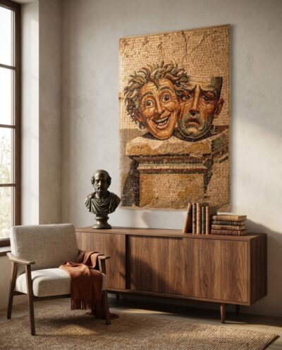 Comedy grins beside tragedy grieving, two ancient masks perched on a stone ledge, rendered in thousands of tiny hand-cut tiles.