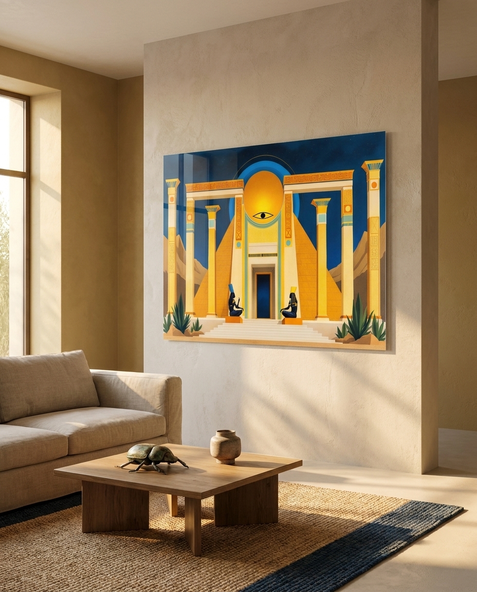 A luminous temple gateway rises beneath a golden disc and a watchful eye, framed by papyrus columns and twin seated guardians.