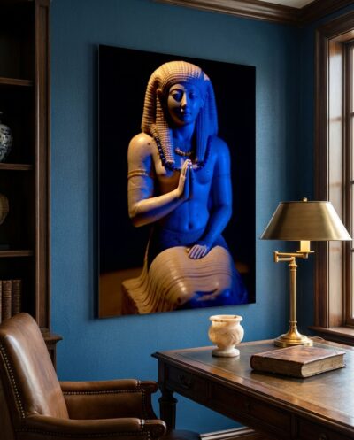 A carved votive figure clasps its hands in prayer, glazed in deep blue light against darkness, quiet devotion held in stone.