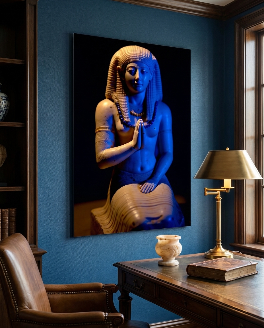 A carved votive figure clasps its hands in prayer, glazed in deep blue light against darkness, quiet devotion held in stone.