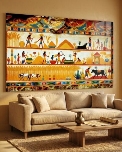 Golden fields ripple across three stacked bands as figures reap, thresh, and gather the Nile's harvest in eternal rhythm.