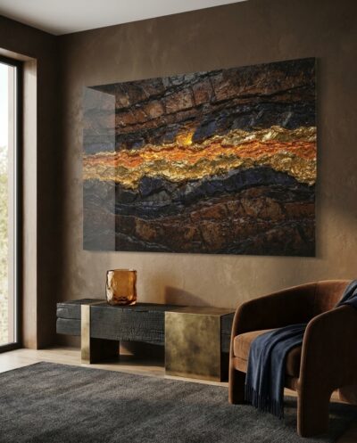 A river of molten gold cleaves dark terracotta rock, glowing from within as deep lapis shadow settles into every crack.