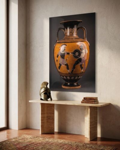 Two crested warriors lunge across a glowing amphora, their spears crossing in a silent, ancient clash of black silhouette and warm clay.