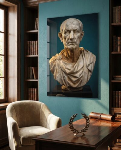 A weathered Roman patrician carved in marble, every furrow and hollow honestly recorded against a deep teal ground.