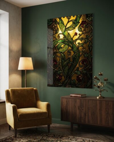 Coiling vines of emerald and gold glass climb toward warm ruby blossoms, lit from within like a window of living light.