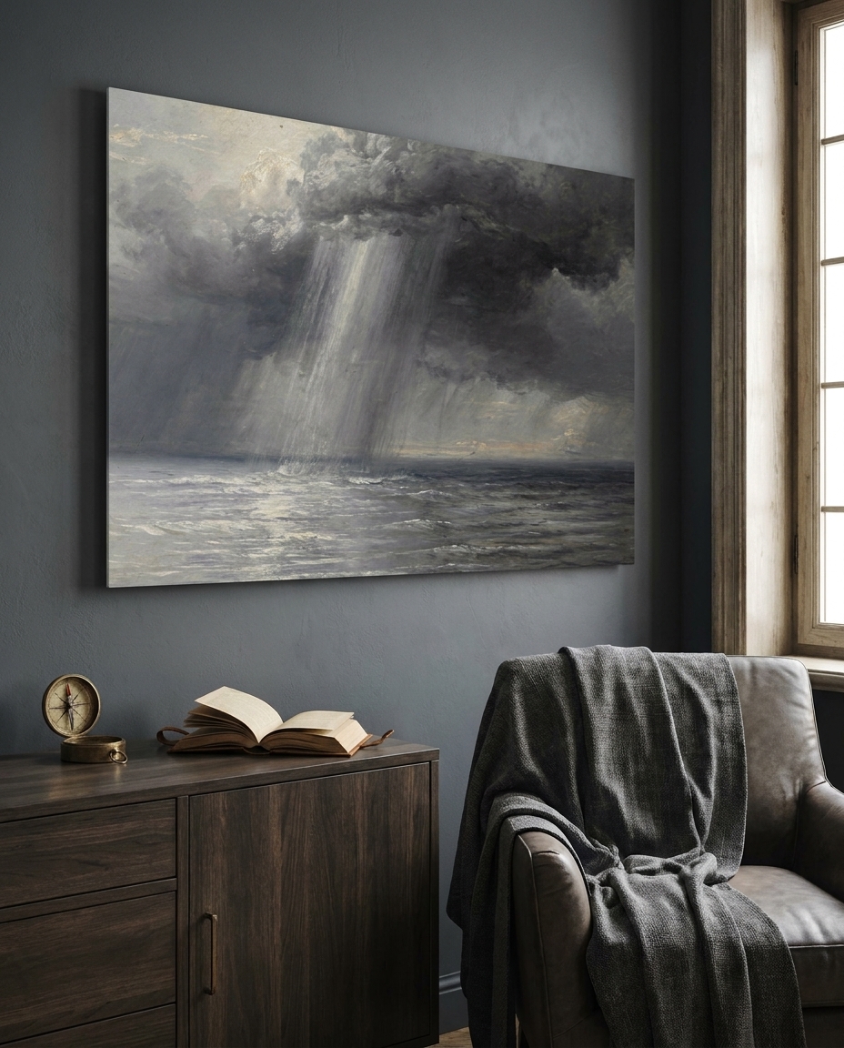 A grey veil of rain drifts across an open sea while the nearer swell still catches a pale, silvered light.