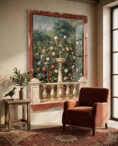 A marble fountain rises among oleanders and songbirds, painted on plaster until the wall itself opens onto an eternal Roman spring.