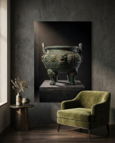 A monumental bronze cauldron rises from darkness, its green-gold skin crawling with ancient monster-masks and coiling thunder scrolls.