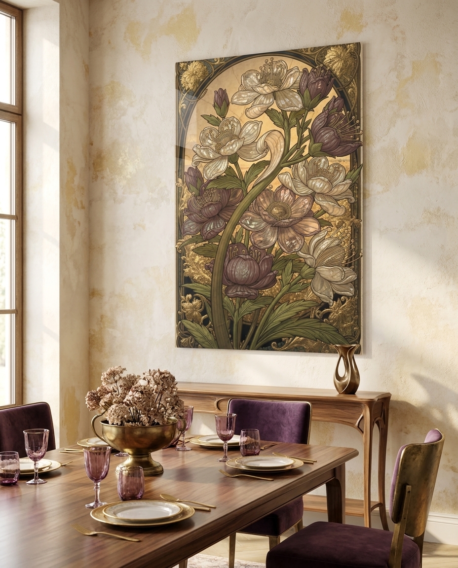 Cream and plum blossoms unfurl in fluid whorls along an arching green stem, glowing against a warm ground of burnished gold.