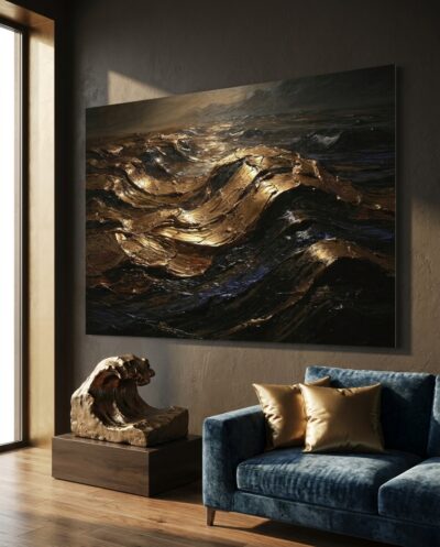 A slow molten tide of bronze and gold folds over deep shadow, like metal cooling in dark water.