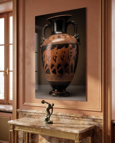 Lean athletes stride across a lustrous black amphora, caught forever mid-race in glowing terracotta and framed by meander borders.
