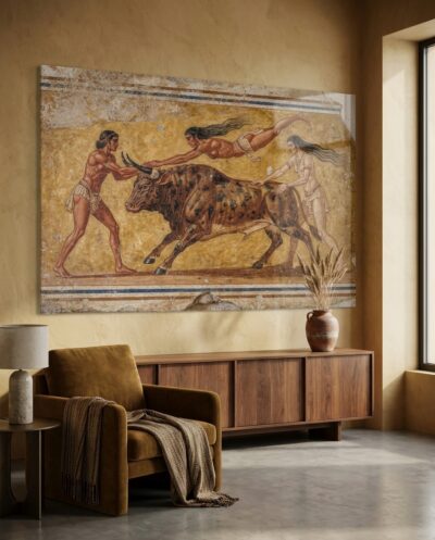 Slender acrobats vault a charging bull mid-air, suspended over its horns in the sacred, daring game of Minoan Crete.