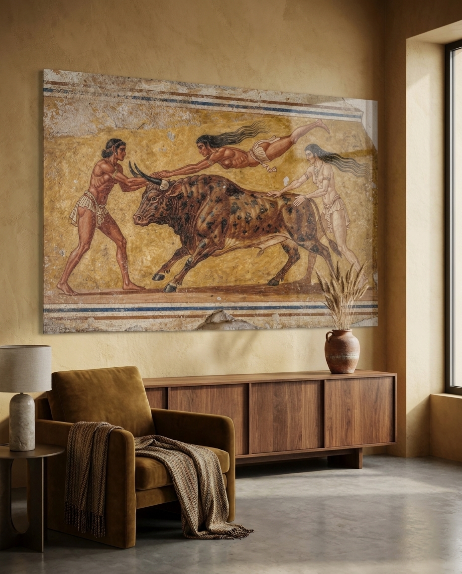 Slender acrobats vault a charging bull mid-air, suspended over its horns in the sacred, daring game of Minoan Crete.