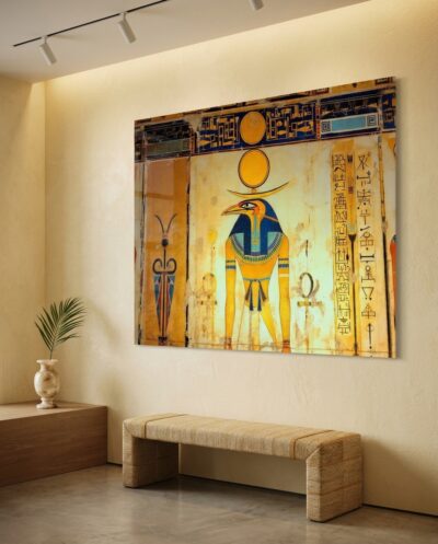 A falcon-headed god rises in regal profile, ankh in hand beneath a burning golden sun disc, framed by weathered hieroglyphs.