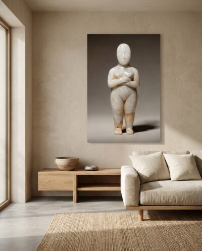 A pure white marble figure, arms folded across the chest and oval face lifted to the light — the serene, almost modern spirit of the Cyclades.