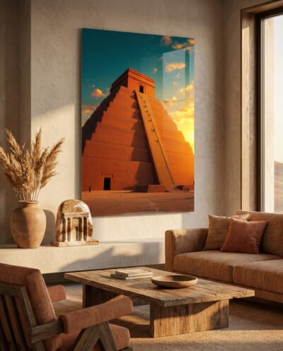 A stepped mud-brick tower rises toward a burning sky, its long processional stair catching the last molten light as tiny figures gather below.