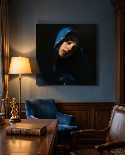 A woman draped in deep lapis blue lowers her eyes into a hush of golden shadow, cool and quiet against the surrounding dark.