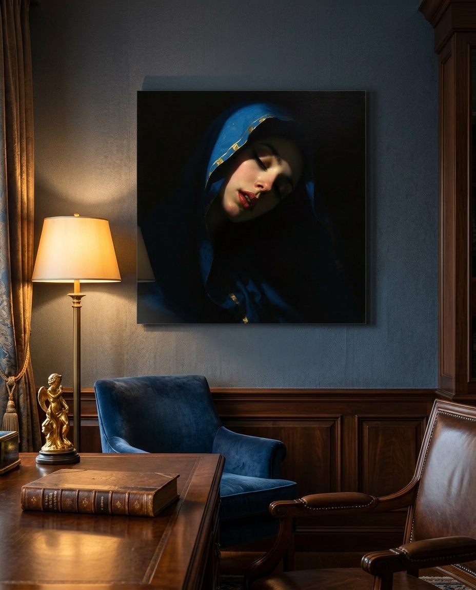 A woman draped in deep lapis blue lowers her eyes into a hush of golden shadow, cool and quiet against the surrounding dark.