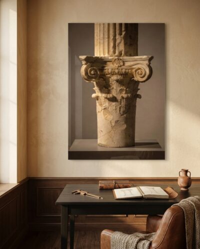 A marble Ionic capital rises in warm light, its twin scrolls and carved leaves caught in patient, museum-still repose.