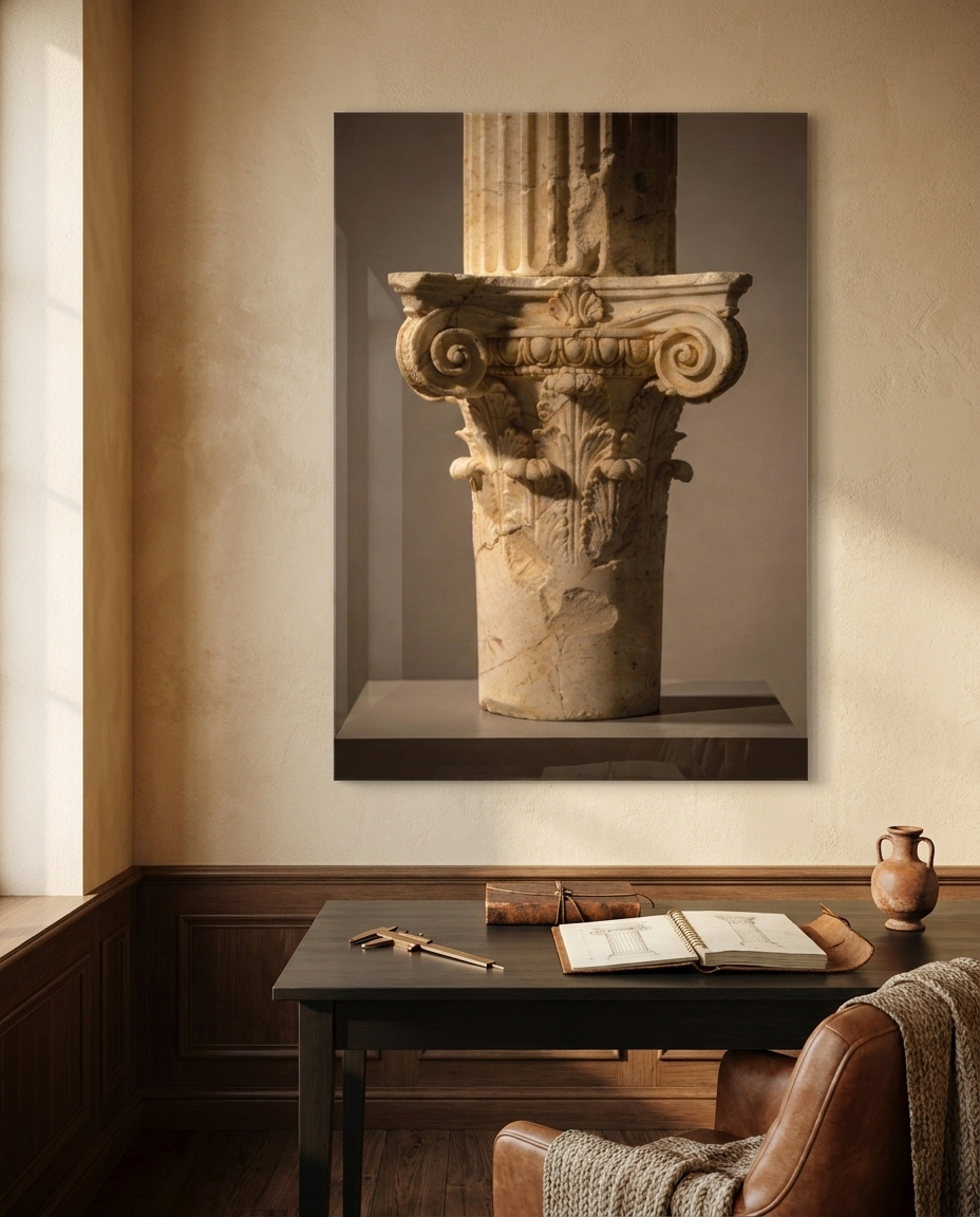 A marble Ionic capital rises in warm light, its twin scrolls and carved leaves caught in patient, museum-still repose.