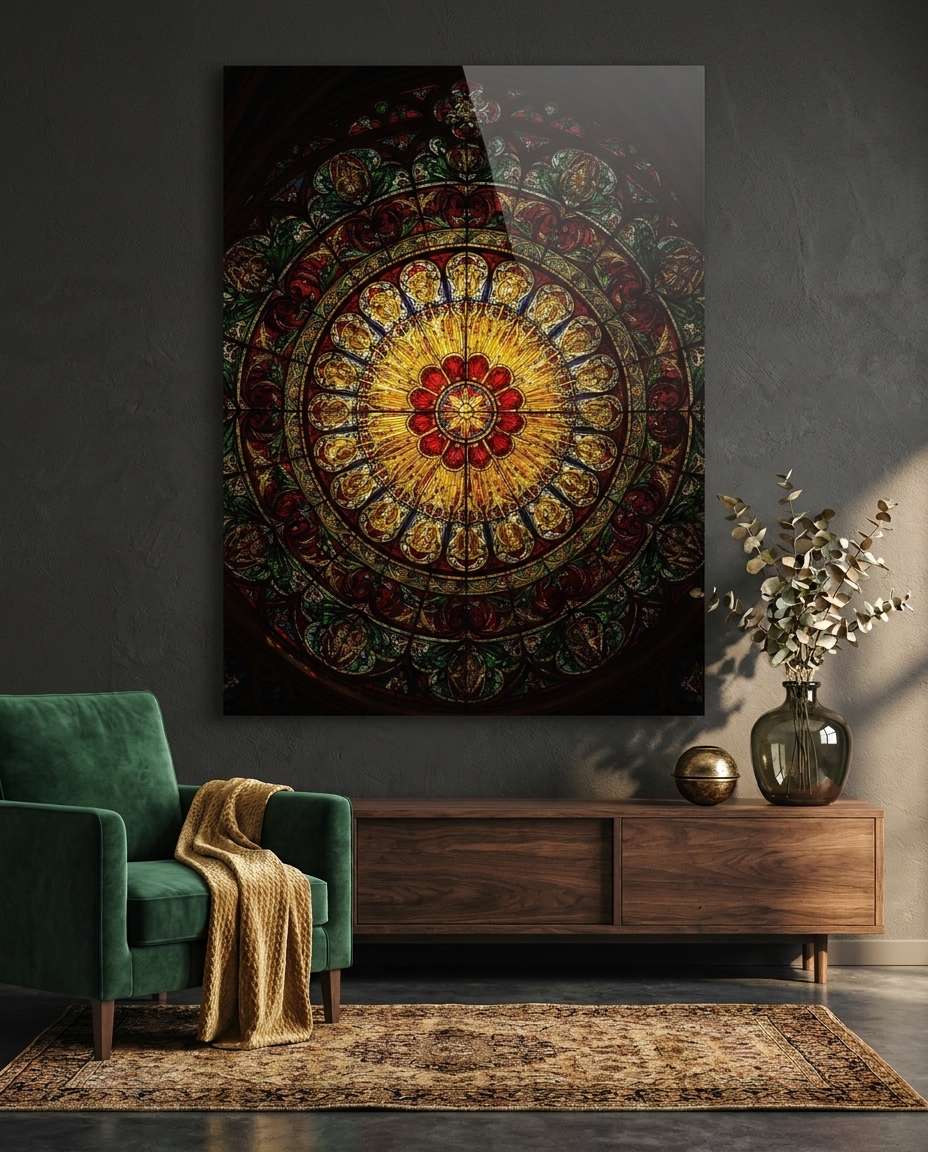 A radiant rose window blazes outward from a molten golden heart, its ruby petals and jewel-toned rings turning like an ornamental sun of coloured light.