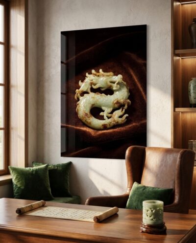A single dragon curls upon itself in pale veined jade, glowing softly against folds of dark velvet.