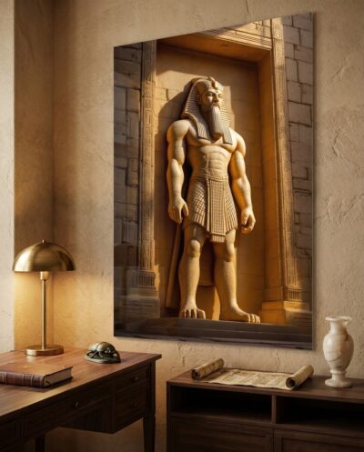 A colossal sandstone guardian strides from its temple niche, bearded and crowned, glowing in warm torchlight at the threshold of an ancient hall.