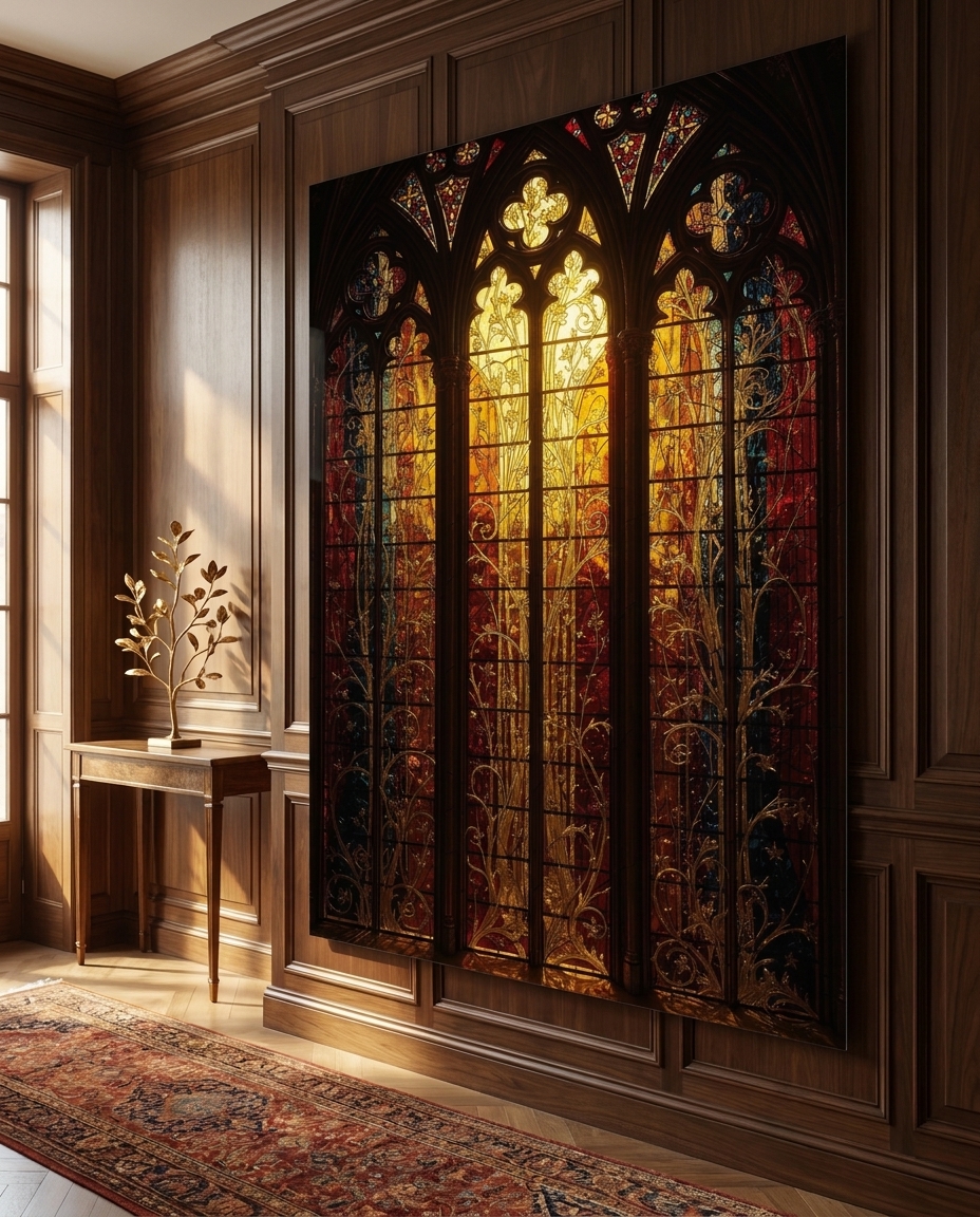 Slender columns of ruby and amber rise like light climbing a gothic arch, glowing against warm oak paneling.