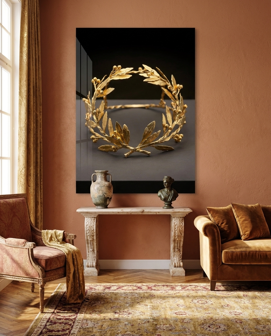 A delicate crown of gilded olive leaves and buds floats against velvet darkness, its metalwork catching a warm, quiet glow.