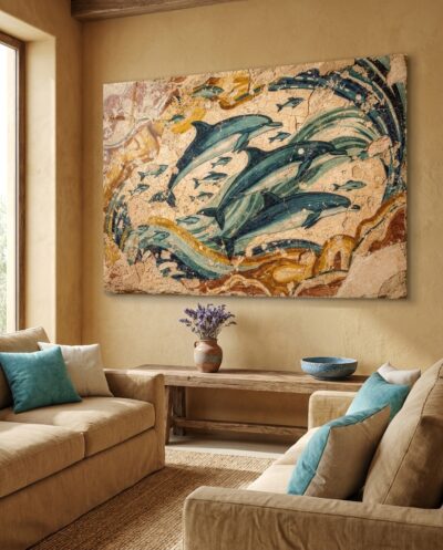 Sleek dolphins arc through luminous blue-green water, a Minoan fresco alive with the pure joy of the open Mediterranean.