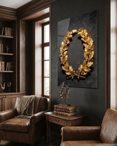Dozens of paper-thin gold oak leaves twisted onto wire, glowing against deep shadow — the wealth of the Greek world worked into trembling light.