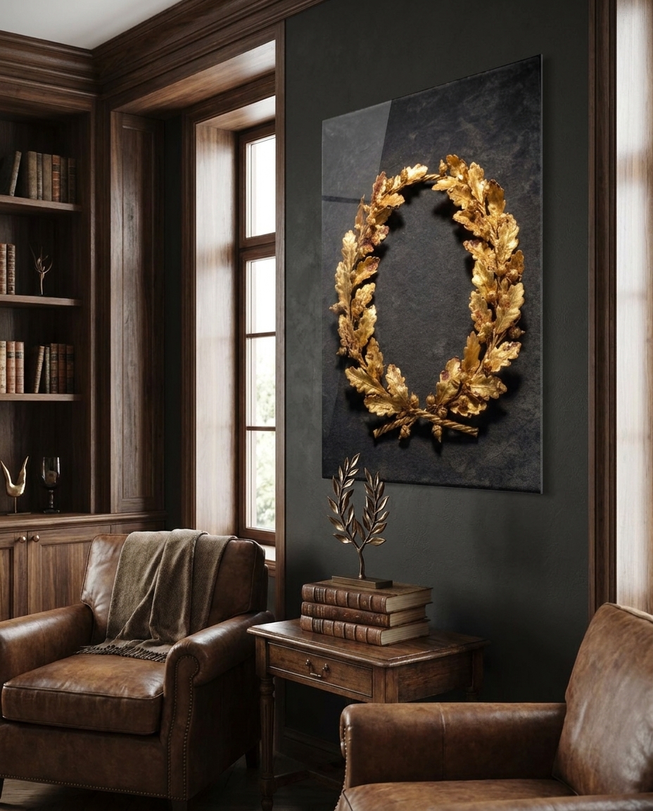 Dozens of paper-thin gold oak leaves twisted onto wire, glowing against deep shadow — the wealth of the Greek world worked into trembling light.
