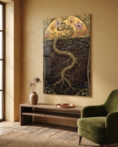 A knot of ancient roots spirals into dark earth, where a flowering vine's whole story quietly begins beneath the soil.