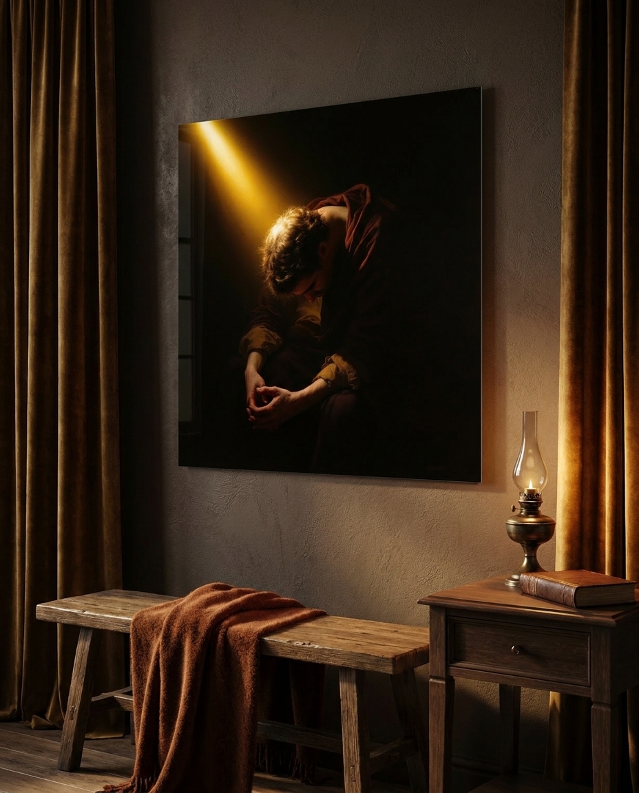 A bowed young man sits within a single golden shaft, hands clasped, his warmth cradiant against a vast and tender darkness.