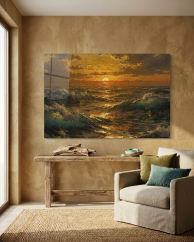A low sun spills molten gold and copper across a heaving sea, its light dancing on every crest beneath a smoldering sky.
