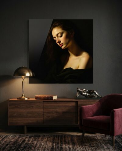 A woman turns toward a single ribbon of golden light, her face lifting from velvet darkness in the quiet of a fading hour.