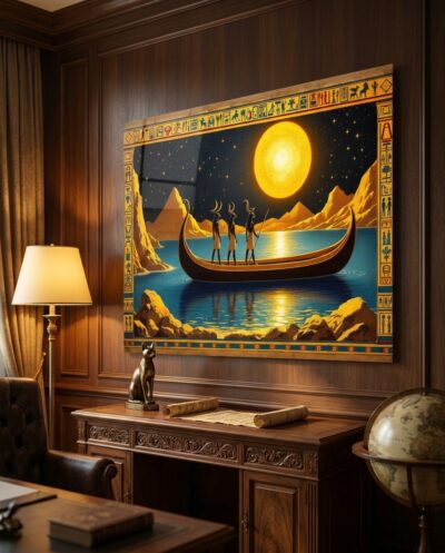 A golden solar boat glides across a moonlit river as three deities stand in silent procession beneath a blazing disc.