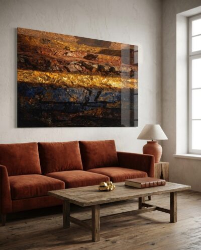 A single radiant band of gold cuts clean through layered terracotta and lapis rock, calm and monumental.