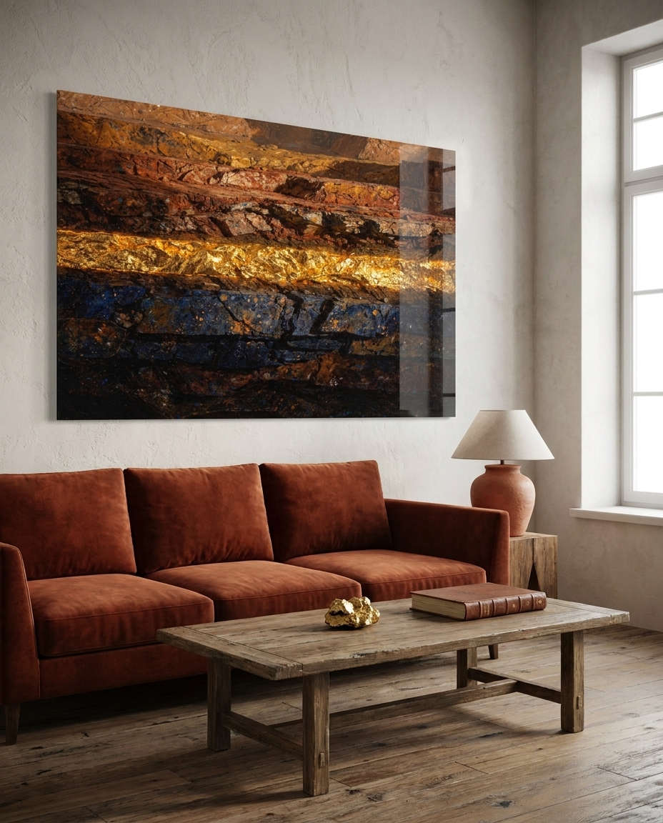 A single radiant band of gold cuts clean through layered terracotta and lapis rock, calm and monumental.