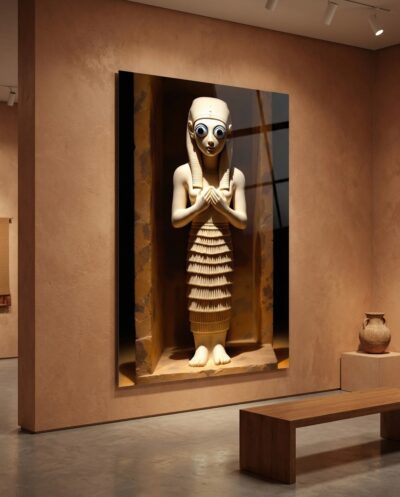 A pale votive figure with wide lapis-inlaid eyes and hands clasped in prayer, standing serene within a stone niche.