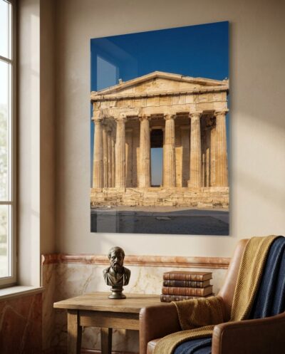 A honey-gold Doric temple rises against a cloudless cobalt sky, its weathered columns catching the low, raking sun of an Athenian afternoon.