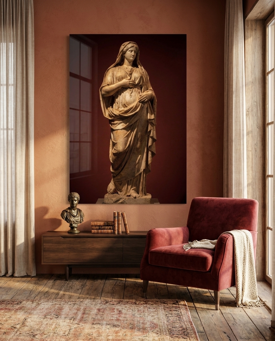 A veiled noblewoman in marble, one hand gathering her mantle, standing calm and complete against a deep crimson ground.